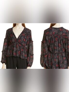 Cinq A Sept  Simmons Black Floral Multi Blouse - Size M